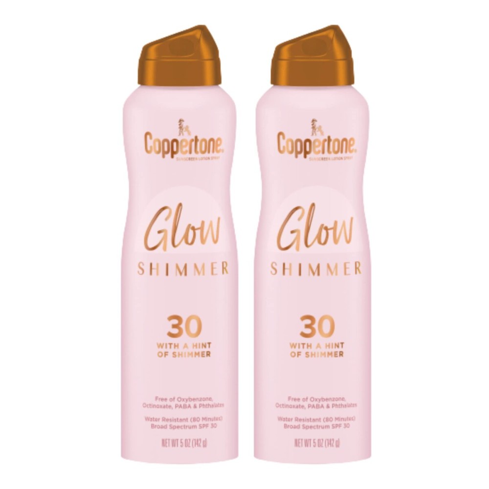 Coppertone Glow Shimmer Sunscreen Spray SPF 30, Water Resistant Broad Spectrum SPF 30 Spray Sunscreen, Free From Parabens, PABA, Phthalates, Octinoxate and Oxybenzone, 5 Oz Bottle, Pack of 2