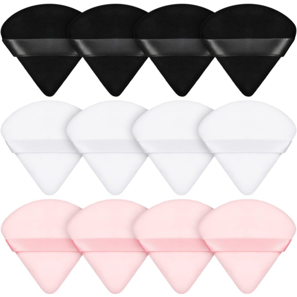 Maitys 12 Pcs Powder Puff Triangle for Face Makeup Cosmetic Loose Powder Puff Velour Soft Body Washable Reusable Foundation Sponge Wet Dry Makeup Tool for Women(Small,Black, White, Pink)