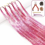 Hair Tinsel Kit with Tools and Instruction Easy to Use 1000 Strands 47 Inches Glitter Tinsel Hair Extensions for Women and Girls, Sparkling Shinny Fairy Hair Accessories for Christmas New Year Halloween Cosplay Party (Pink)