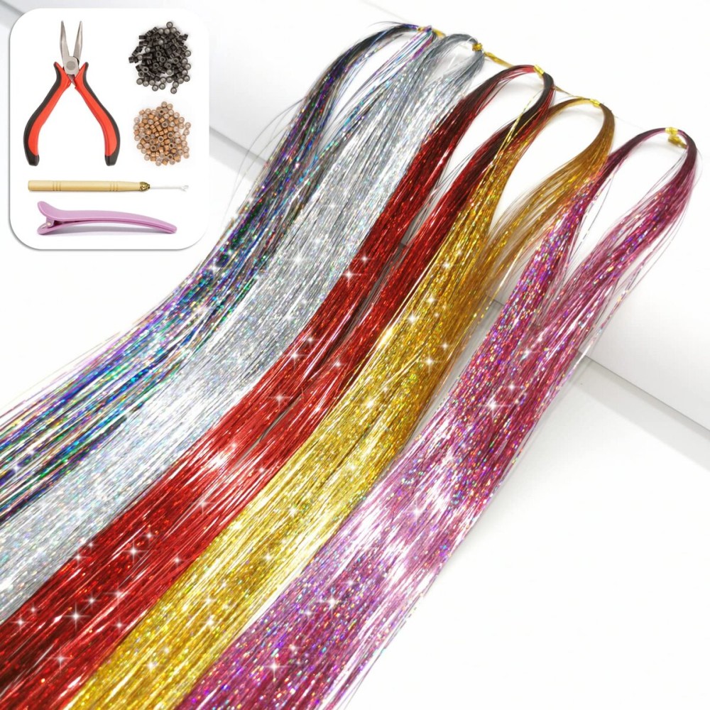 Hair Tinsel Kit with Tools and Instruction Easy to Use 5 Colors 1000 Strands 47 Inches Glitter Tinsel Hair Extensions for Women and Girls, Sparkling Shinny Fairy Hair Accessories for Christmas New Year Halloween Cosplay Party