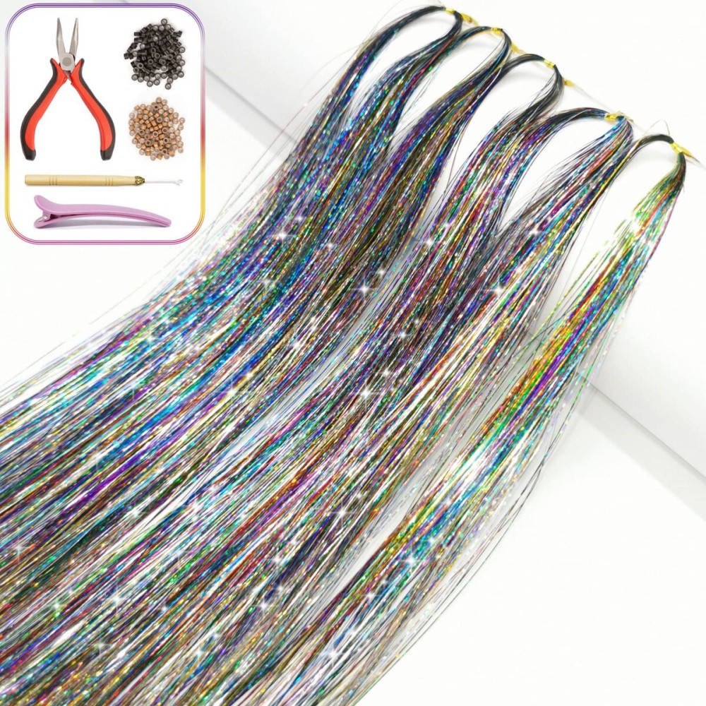 Hair Tinsel Kit with Tools and Instruction Easy to Use 1000 Strands 47 Inches Glitter Tinsel Hair Extensions for Women and Girls, Sparkling Shinny Fairy Hair Accessories for Christmas New Year