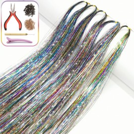 Hair Tinsel Kit with Tools and Instruction Easy to Use 1000 Strands 47 Inches Glitter Tinsel Hair Extensions for Women and Girls, Sparkling Shinny Fairy Hair Accessories for Christmas New Year