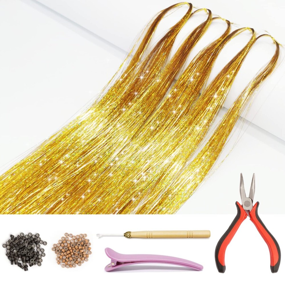 Hair Tinsel Kit with Tools and Instruction Easy to Use 1000 Strands 47 Inches Glitter Tinsel Hair Extensions for Women and Girls, Sparkling Shinny Fairy Hair Accessories for Christmas New Year Halloween Cosplay Party (Gold)