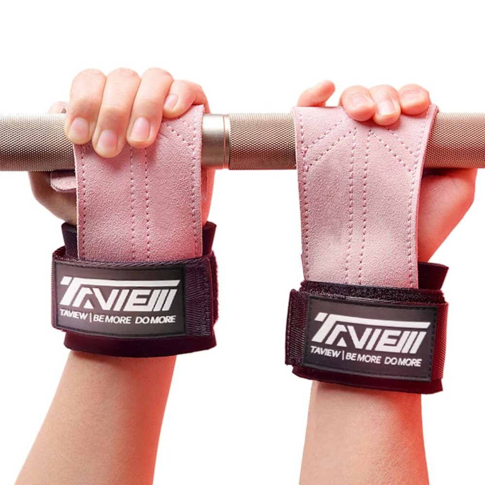 TAVIEW Weight Lifting Wrist Hooks Straps for Maximum Grip Support - Deadlift Gloves & Grip Pads Alternative in Fitness Gym Power Training Like Pull Up Deadlifting & Shrugs, Light Pink