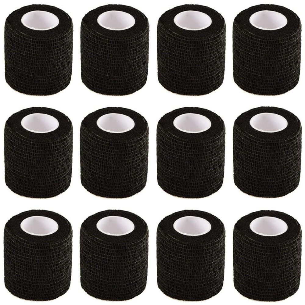 Black Self Adhesive Elastic Bandage Wrap, 12 Pack 2 x 5 Yards, Stretch Self-Adherent Cohesive Bandage for First Aid, Athletic, Sports, Wrist, Ankle Sprains, Knee Swellins and Vet Wrap