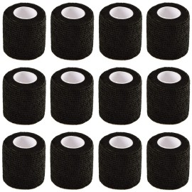 Black Self Adhesive Elastic Bandage Wrap, 12 Pack 2 x 5 Yards, Stretch Self-Adherent Cohesive Bandage for First Aid, Athletic, Sports, Wrist, Ankle Sprains, Knee Swellins and Vet Wrap