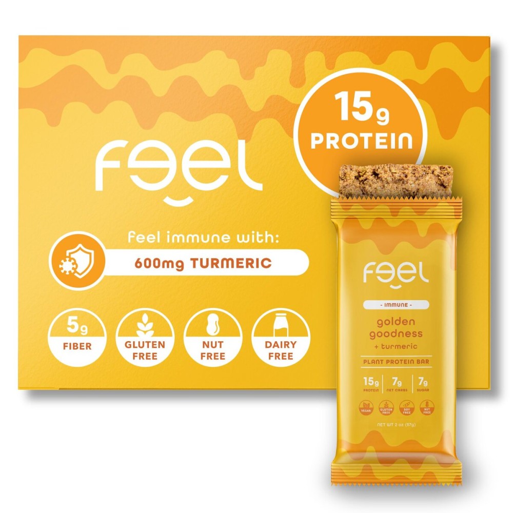 Feel Vegan Protein Bars | Golden Goodness | Keto | Gluten Free | Organic | Turmeric | 15g Protein | Low Carb | Dairy Free | Grain Free | Nut Free | Soy Free | Non GMO - 10 Pack