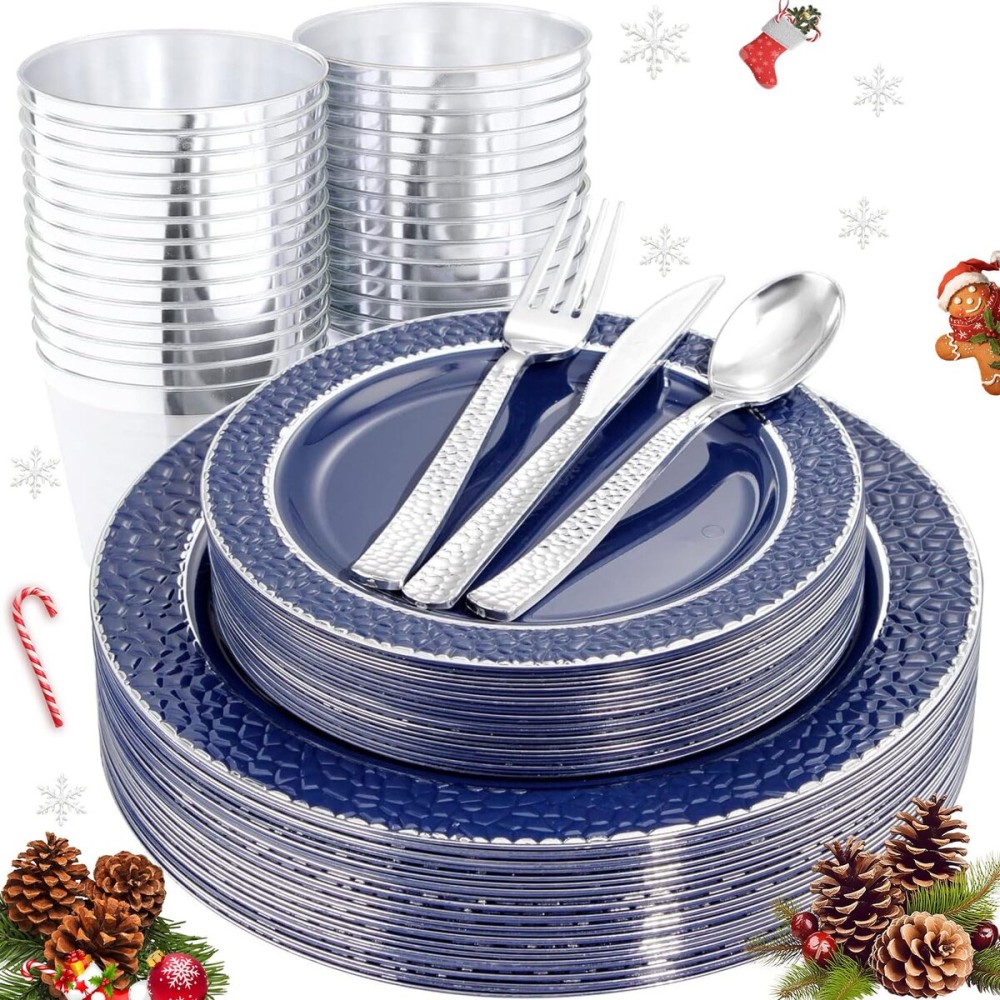 Ciaell 150 PCS Blue and Silver Plastic Plates - Blue Disposable Plate include 50 Plates, 25 Knives, 25 Forks, 25 Spoons, 25 Cups for Weddings & Party & Christmas