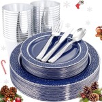 Ciaell 150 PCS Blue and Silver Plastic Plates - Blue Disposable Plate include 50 Plates, 25 Knives, 25 Forks, 25 Spoons, 25 Cups for Weddings & Party & Christmas
