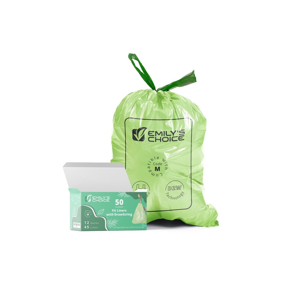 Emily\'s Choice Heavy Duty Biodegradable Trash Bag Code M (50 Count)with D2W Technology, Custom Fit Trash Bag compatible with Simplehuman Code M trash bins, 45L / 12 Gallons 1.2 MIL / 30 Micron
