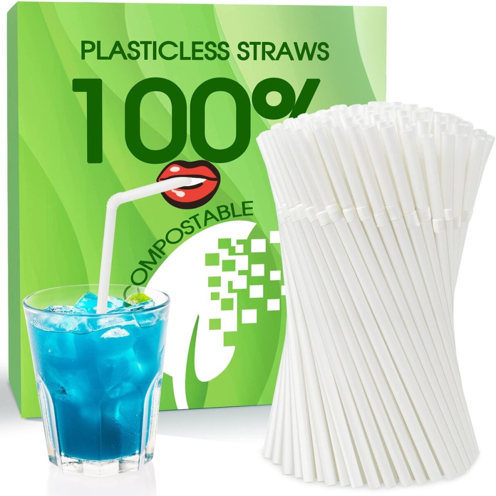 Plasticless 100P PLA Disposable Drinking Straws Corn Plant Based Biodegradable Straws, BPA Free Compostable Straw (100 Pack White Individually Wrapped Straws)