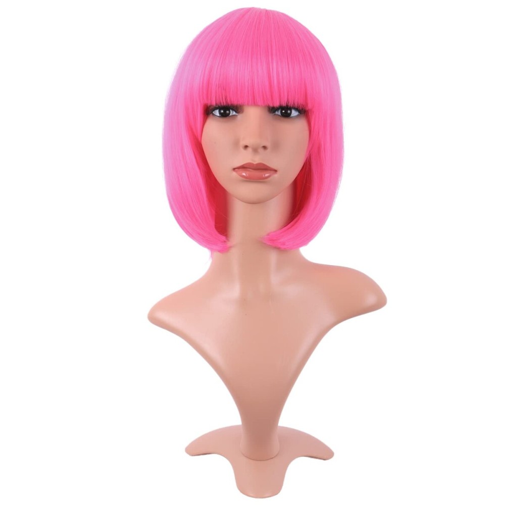 MapofBeauty 12 Inch /30 cm Fashion Lady Short Straight Synthetic Flat Bangs Bob Wig (Neon Pink)