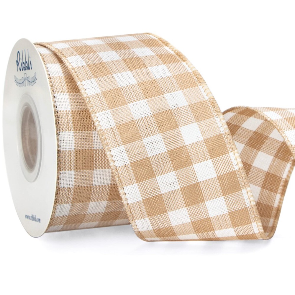 Ribbli Beige and White Check Wired Ribbon, 2-1/2 Inch x 10 Yard,Rustic Plaid Easter Burlap Light Tan Gingham Ribbon for Big Bow,Farmhouse Wreath,Tree Decoration,Outdoor Decoration