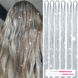 MISSUHUI Hair Tinsel Kit With Tools 48 Inch 1200 Strands Glitter Tinsel Hair Extensions Sparkling Shiny Hair Tinsel Strands Kit Heat Resistant for Women Girls 6Pcs (Silver)