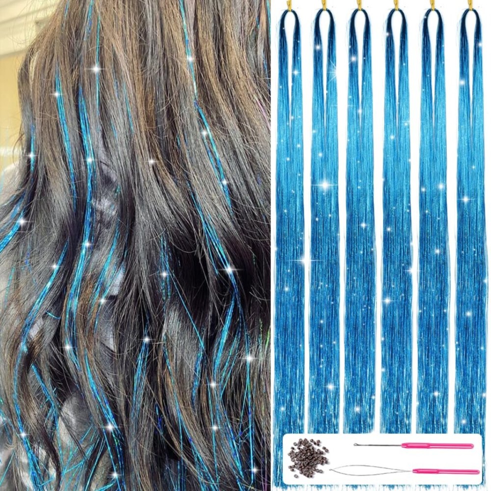 MISSUHUI Hair Tinsel Kit with Tools 47Inch 1200 Strands Glitter Tinsel Hair Extensions Sparkling Shiny Hair Tinsel Strands Fairy Hair Tinsel Strands Kit Heat Resistant for Women Girls 6Pcs (Sky Blue)