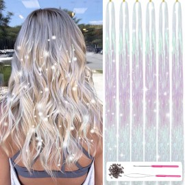 MISSUHUI Hair Tinsel Kit With Tools 47Inch Fairy Hair Tinsel Heat Resistant 6Pcs 1200Strands Highlights Glitter Hair Extensions Sparkling Shiny Tinsel Hair Extensions for Women Girls Kids (White-Pink)