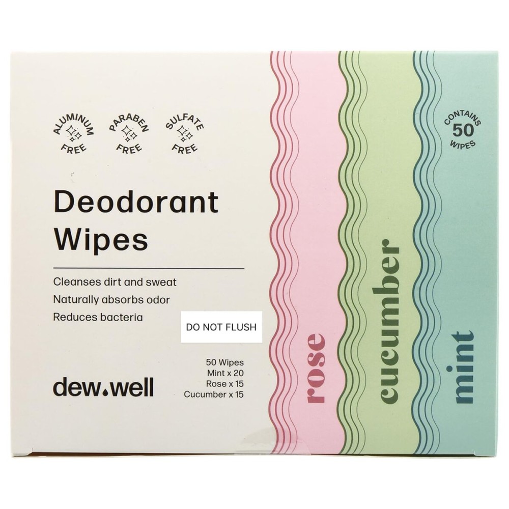 Dew Well Deodorant Wipes - On-the-Go Travel Deodorant - Fresh Mint, Rose & Cucumber Scents Body Wipes for Women - Aluminum, Paraben & Sulfate Free Mini Toiletries - 50 Count, Mint/Rose/Cucumber