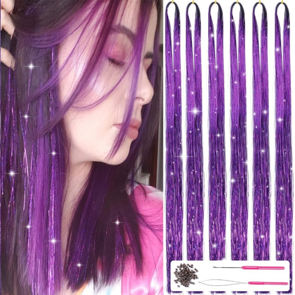 MISSUHUI 6 Pieces Fairy Hair Tinsel Kit with Tools 48 Inch 1200 Strands Glitter Tinsel Hair Extensions Sparkling Shiny Hair Tinsel Strands Kit Heat Resistant for Women Girls Children (Purple Set)