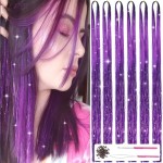 MISSUHUI 6 Pieces Fairy Hair Tinsel Kit with Tools 48 Inch 1200 Strands Glitter Tinsel Hair Extensions Sparkling Shiny Hair Tinsel Strands Kit Heat Resistant for Women Girls Children (Purple Set)