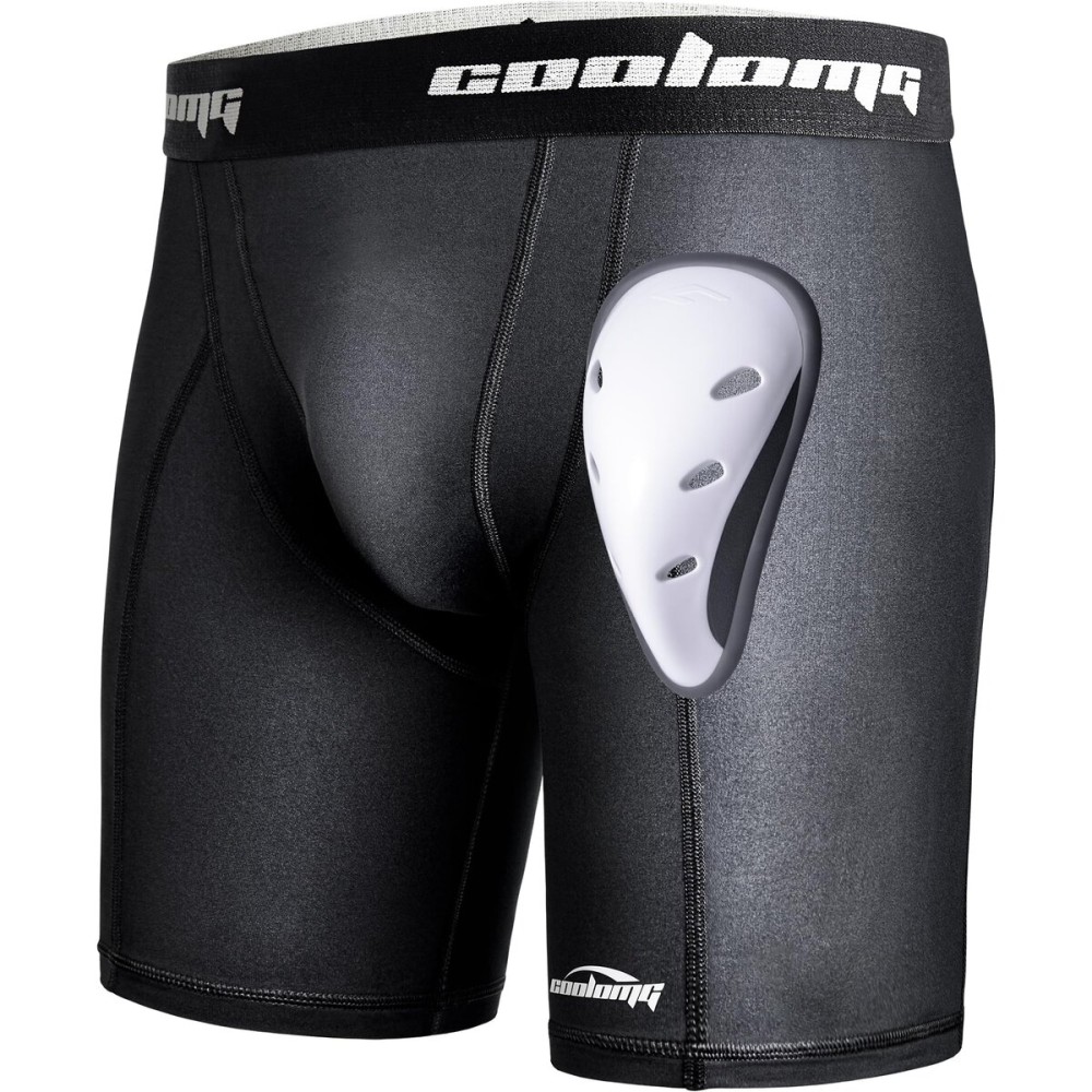 COOLOMG Men Compression Shorts with Protective Cup Baseball Football Lacrosse Field Hockey Black S