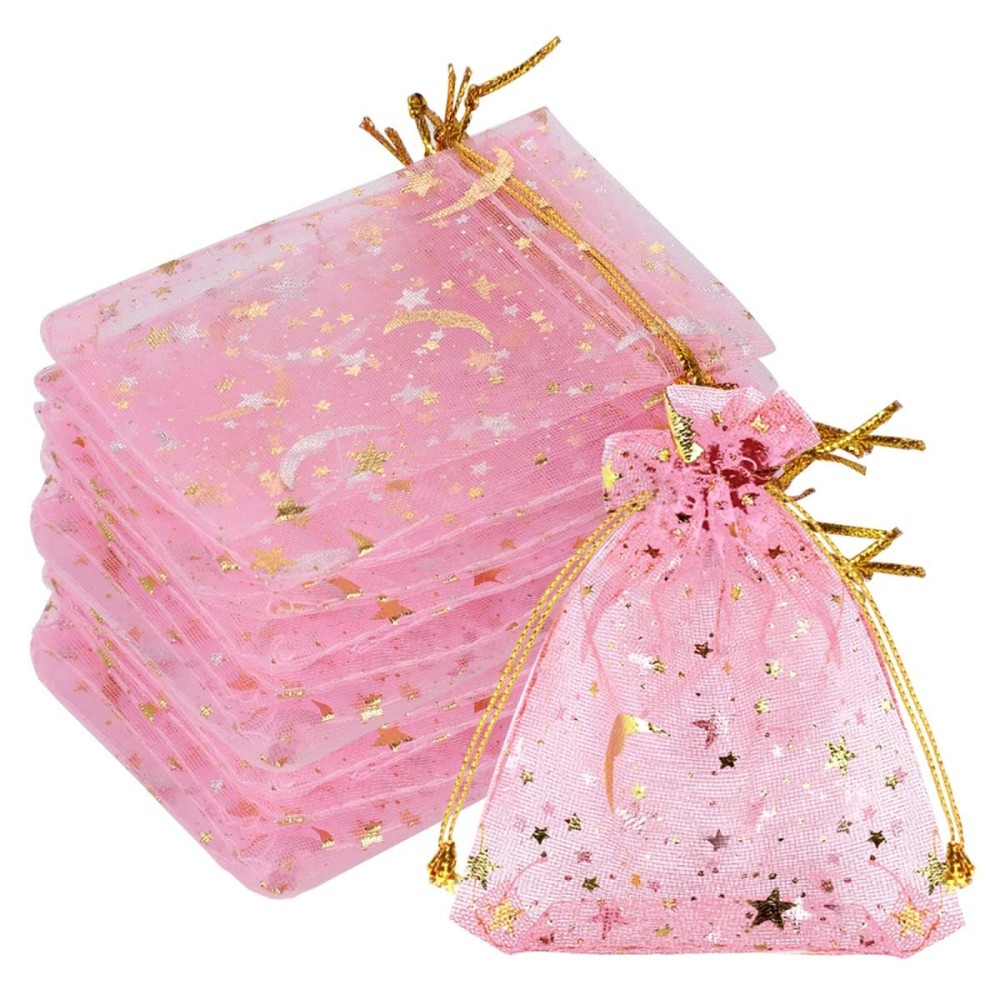 SUMAJU 100 Pieces Moon Star Organza Jewelry Candy Bags, 2.7x3.5 Inch Sheer Pink Organza Pouch Small Gift Bags with Drawstring for Wedding Baby Shower Christmas Party Favors