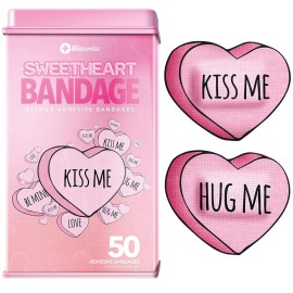 BioSwiss Bandages, Valentine Heart Shaped Self Adhesive Bandage Set, Latex Free, Sterile Wound Care, 50 Count