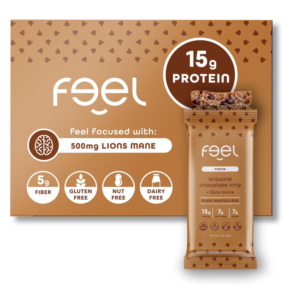 Feel Vegan Protein Bars | Brownie Chocolate Chip | Keto | Gluten Free | Organic | Lions Mane | 15g Plant Protein | Low Carb | High Protein | Dairy Free | Low Sugar | Nut, Grain, Soy Free | 10 Pack