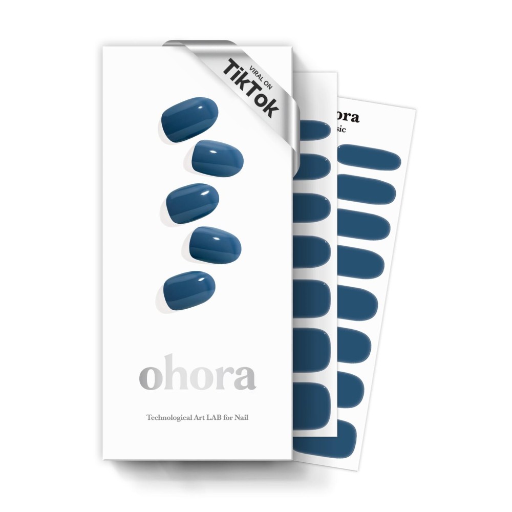 ohora Semi Cured Gel Nail Strips (N Cream Indigo) - Blue, Solid, Works with Any UV/LED Lamps, Salon-Quality, Long Lasting, Easy to Apply & Remove - Includes 2 Prep Pads, Nail File & Wooden Stick