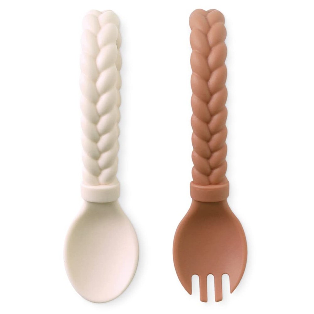 Itzy Ritzy Silicone Spoon & Fork Set Baby Utensils Featuring a Baby Fork and Spoon with Looped, Braided Handles - Made of 100% Food Grade Silicone & BPA-Free - 6 Months and Up (Buttercream and Toffee)