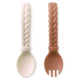 Itzy Ritzy Silicone Spoon & Fork Set Baby Utensils Featuring a Baby Fork and Spoon with Looped, Braided Handles - Made of 100% Food Grade Silicone & BPA-Free - 6 Months and Up (Buttercream and Toffee)