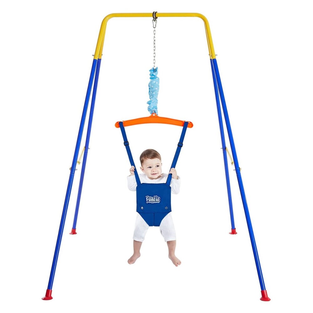 FUNLIO Baby Jumper with Stand for 6-24 Months, Infant Jumper for Indoor/Outdoor Play,Baby Bouncer for Baby Girl/Boy, with Adjustable Chain, Easy to Assemble & Store (with Stand) - Blue