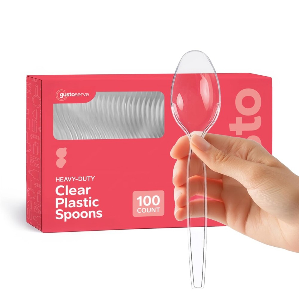 GUSTO [100 Pack] Heavy Duty Disposable Clear Plastic Spoons - Plastic Silverware, Basic Cutlery for Parties, Events, and Everyday Use (Formerly Comfy Package)