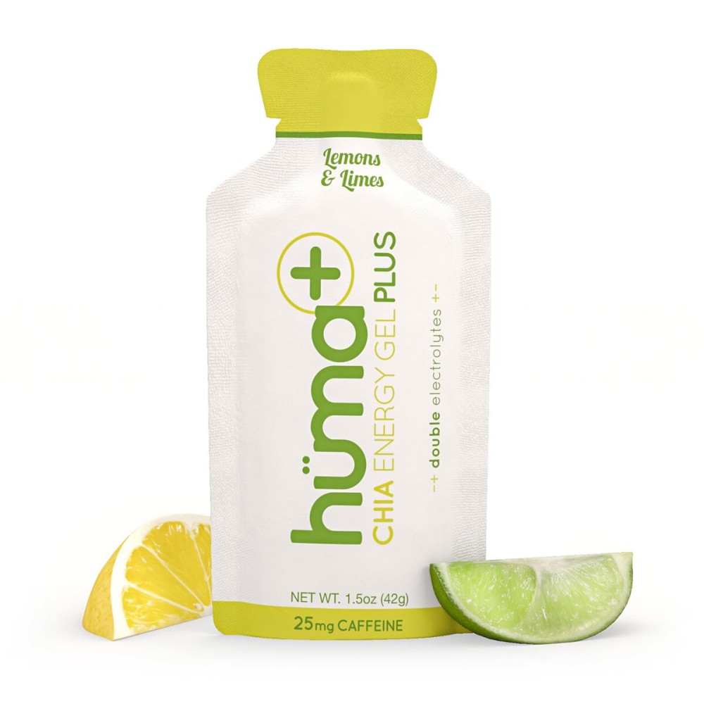 Huma Plus (Double Electrolytes) - Chia Energy Gel, Lemon Lime, 12 Gels, 25mg Caffeine - Stomach Friendly, Real Food Energy Gels