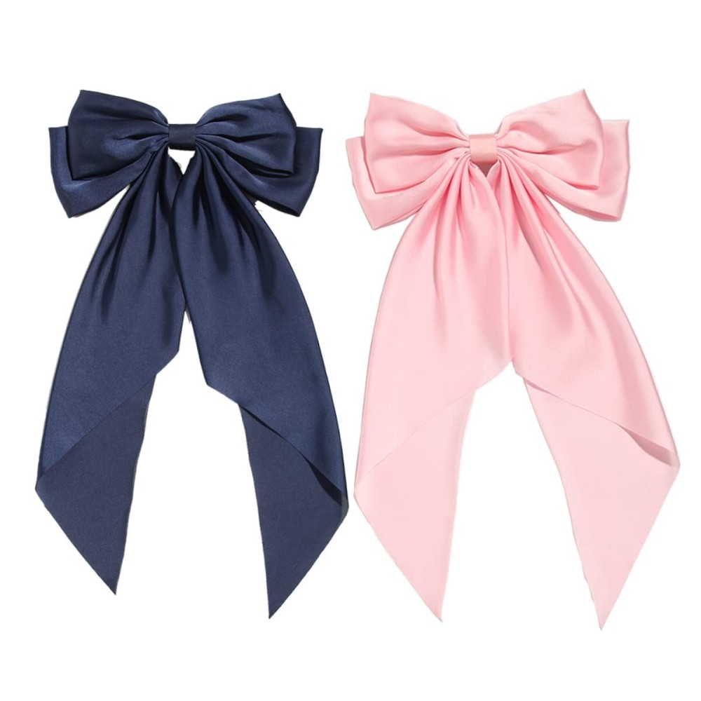 SUSULU Hair Bows for Women Girls,Large Satin Bow Barrette Hair Clips Long Ribbon Bow Clips Suit for Thick Thin Hair,Hair Accessories 90\'s 2pcs Back to School Birthday Gifts (Navy Pink)