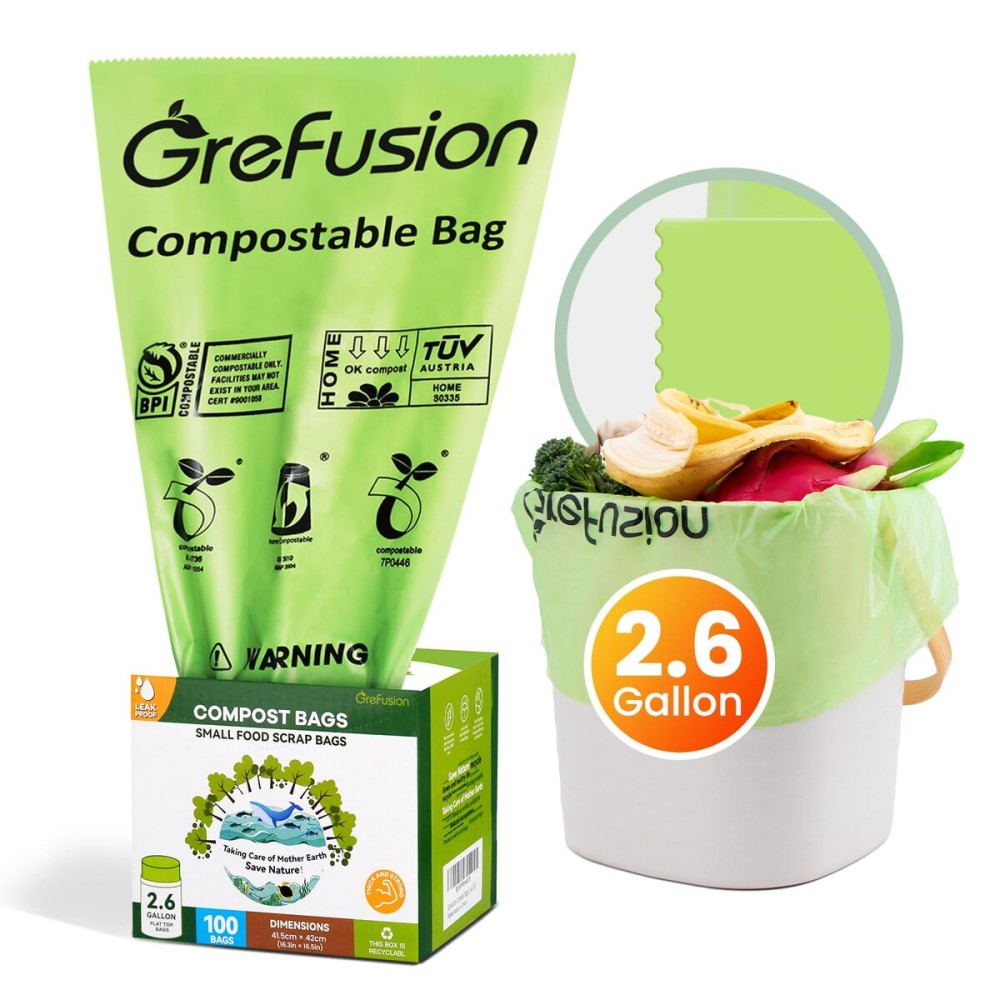 GreFusion 2.6 Gallon Compostable Trash Bags, 100 Count, Extra Thick 0.71 Mil, Certified by BPI and ASTM D6400, Perfect Fit for Small Trash Cans