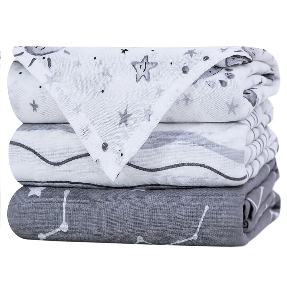 Little Grape Land Muslin Swaddle Blankets 47\'\'x47\'\' 3 Pack, 100% Cotton Large Size Baby Swaddles for Newborn, Soft Breathable Baby Blankets for Newborns, Stars/Grey