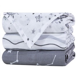 Little Grape Land Muslin Swaddle Blankets 47\'\'x47\'\' 3 Pack, 100% Cotton Large Size Baby Swaddles for Newborn, Soft Breathable Baby Blankets for Newborns, Stars/Grey