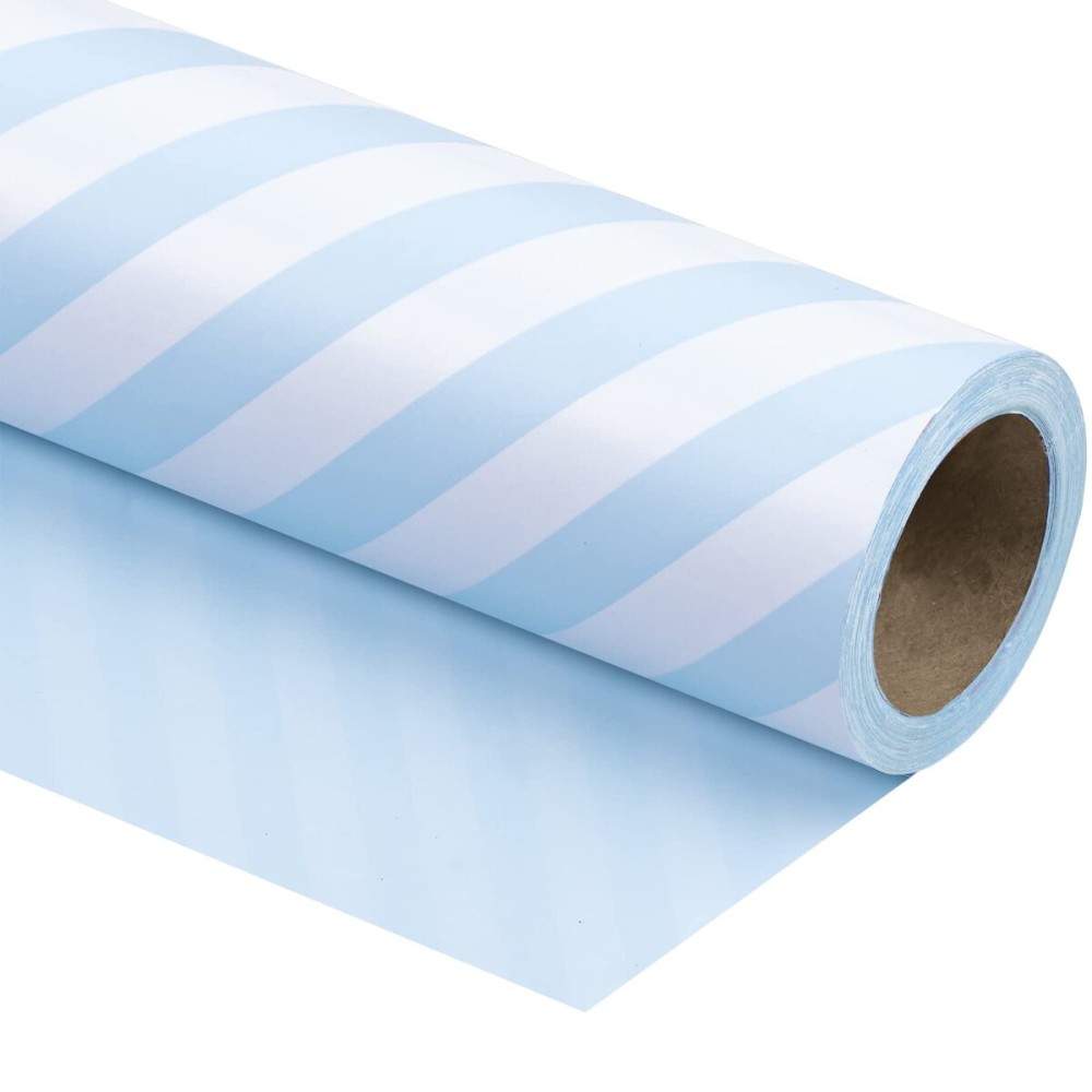 WRAPAHOLIC 30 Inch Reversible Baby Blue Wrapping Paper - Baby Blue and Stripes Wrapping Paper for Birthday, Holiday, Wedding, Baby Shower - 30 inch x 33 feet