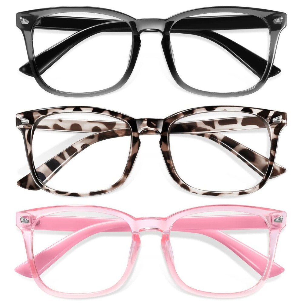 Okany Blue Light Glasses for Kids 3 Pack Blue Light Blocking Glasses for Girls Boys Computer Gaming Screen Glasses, Anti Glare Eyestrain Teen Fashion Glasses Age 3-10 (Grey Black+Leopard+Pink)