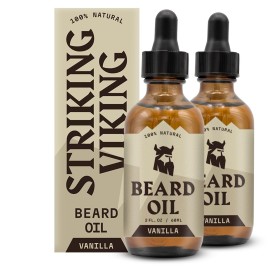 Striking Viking Beard Oil for Men - 2 Fl Oz, Pack of 2, Vanilla Scent - Naturally Derived Conditioner with Almond, Tea Tree, Argan & Jojoba Oil for Beard Growth, Softening & Moisturizing