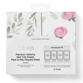 TotAha Premium Stretchy Pack N Play Playard Sheets | Mini Crib Sheets (2-Pack) -Hypoallergenic, Silky Comfort, Buttery Soft, Calming Effect, All-Season Jersey-Knit (Pink Buds & Green Leaves)
