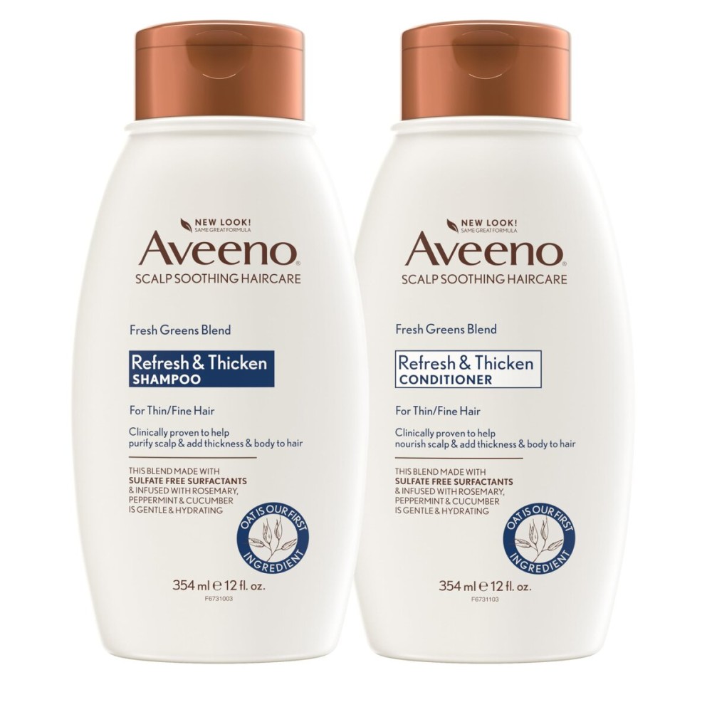 Aveeno Fresh Greens Shampoo and Conditioner Set, Sulfate Free, Clarifying & Volumizing for Thin or Fine Hair, Rosemary Peppermint Cucumber Nourish & Thicken, Color Safe Paraben Free, 12 Fl Oz, 2 Count