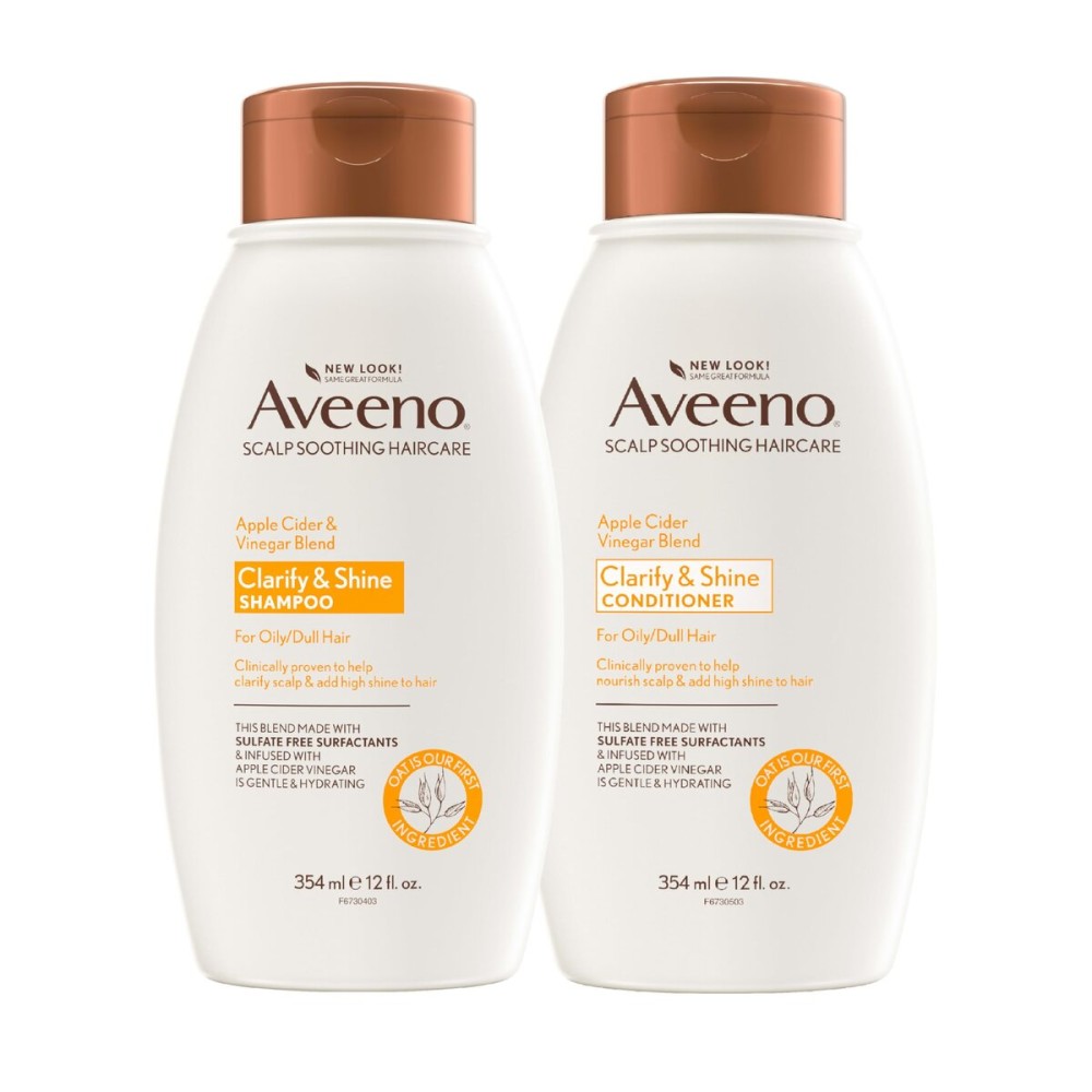 Aveeno Apple Cider Vinegar Shampoo + Conditioner Set, Hair Care Bundle for Balance & High Shine, Daily Clarifying & Soothing Scalp Shampoo & Conditioner for Oily & Dull Hair, Two Pack, 2 x 12 fl. oz