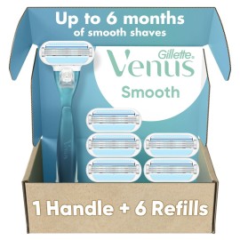 Gillette Venus Smooth Women\'s Razor Handle + 6 Refills with Soft-Grip Gel Handle, Holiday Gifts for Women
