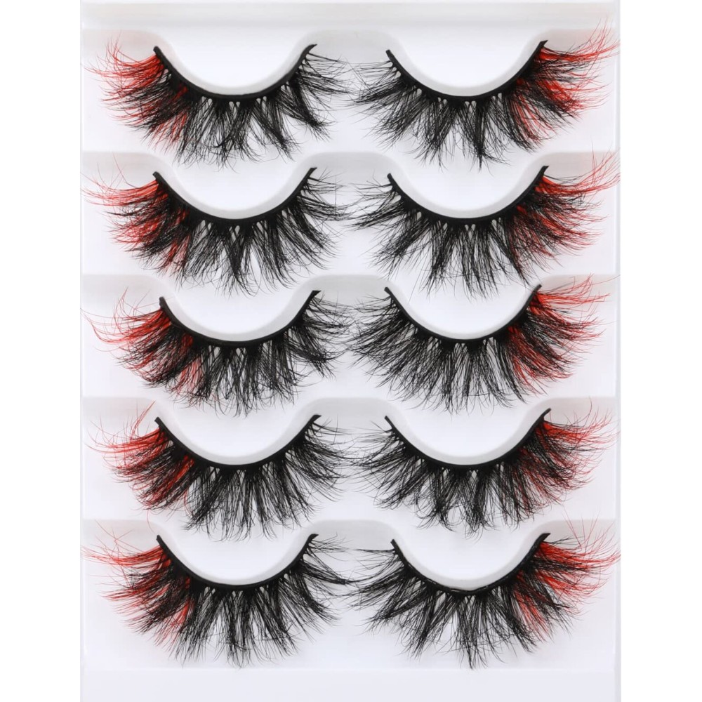 False Eyelashes Volume Mink Lashes Wispy Colored Lashes Red Strip Lashes Pack by Kiromiro (Red)