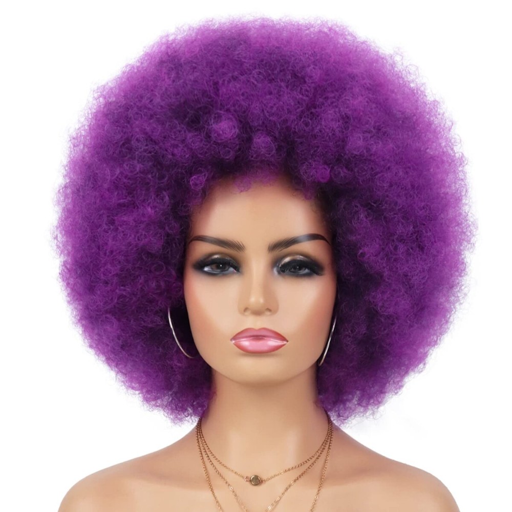 G&T Wig 70s Afro Puff Wigs for Black Women Short Afro Synthetic Wig Fluffy Shoulder Length Heat Resistant Natural and Soft Kinky Curly Wig(Dark Purple)