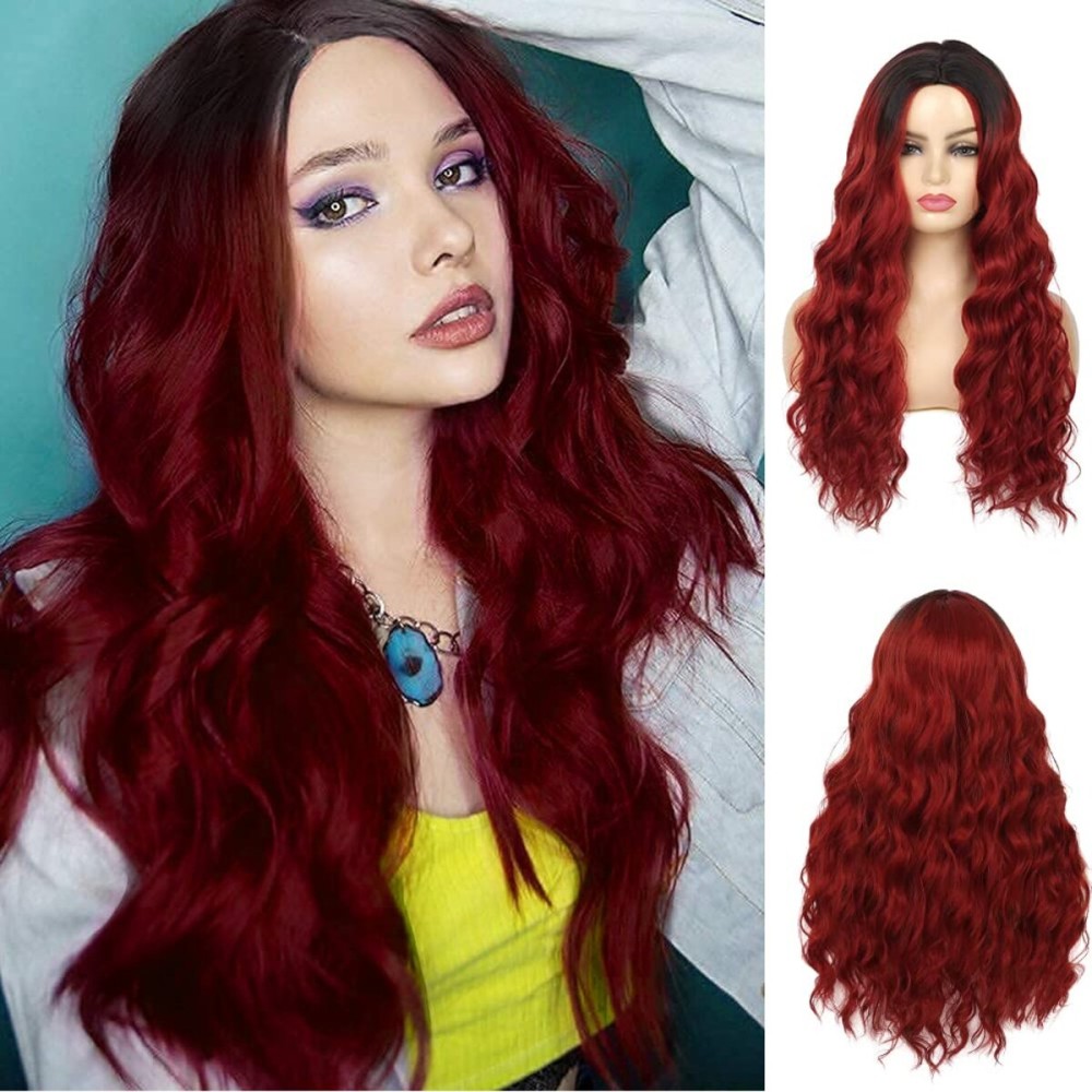 Swiking Ombre Red Long Curly Wigs for Women Wavy Black and Red Wig Natural Synthetic Hair Wig for Cospaly Halloween