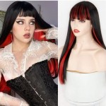 Swiking Black and Red Long Straight Wigs with Bangs for Women Two Tone Heat Resistant Synthetic Wig for Daily Cosplay Halloween Party Use