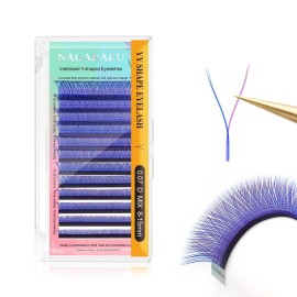 NAGARAKU yy Eyelash Extensions Blue + Purple Color y lash 0.07mm D curl Mix Tray 8-15mm Premade 4D Easy Fan Russian Volume Cluster 12 rows pre Fanned Eye Lashes