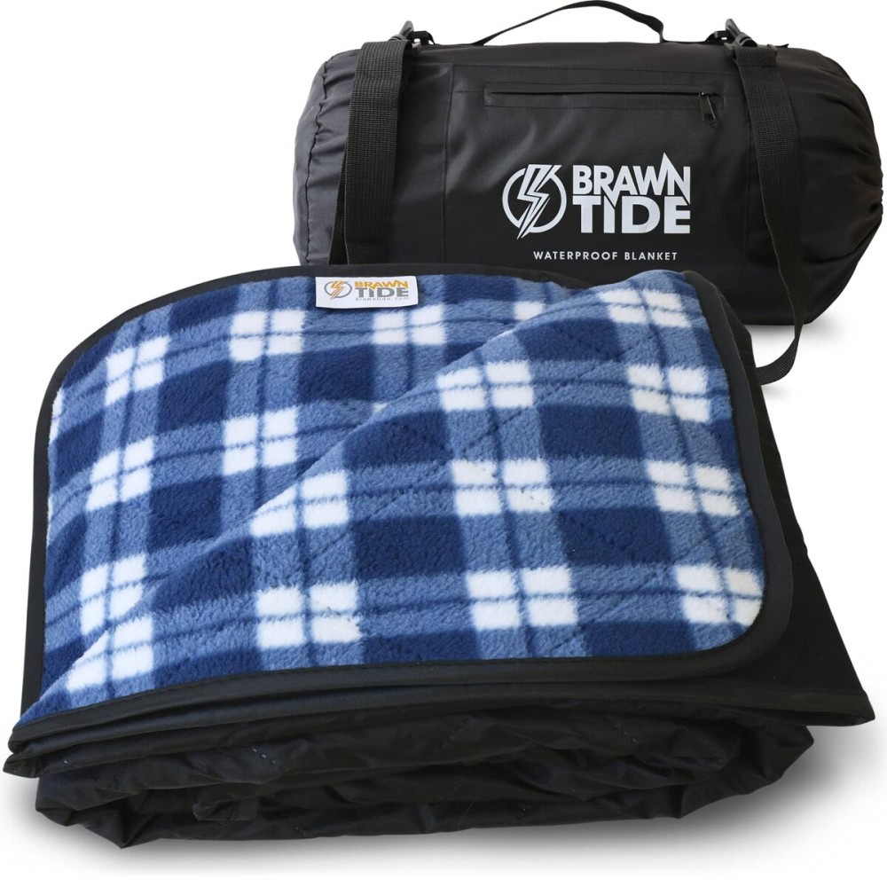 BRAWNTIDE Large Outdoor Waterproof Blanket - Thick Tartan Plaid Fleece, Warm, Windproof, Sandproof, Ideal for Camping, Parks, Grass, Hiking, Travel, Includes Stuff Sack, Shoulder Strap (Plaid Blue)